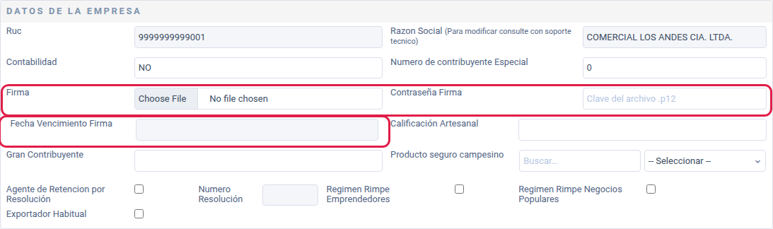 Campos Firma, Contraseña Firma y Fecha Vencimiento Firma