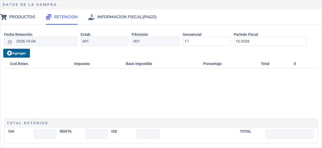 Pestaña Retención dentro de la compra