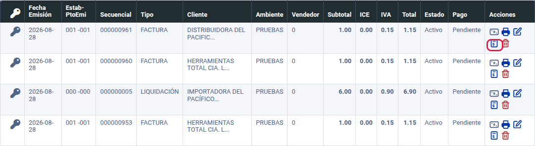 Ícono Emitir Retención en el listado de compras