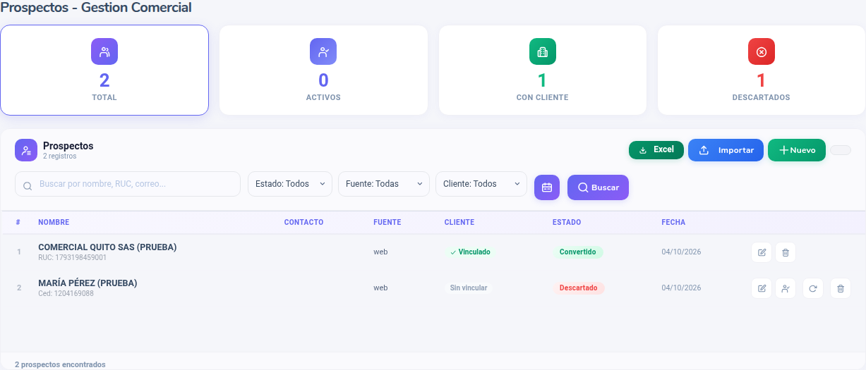 Lista de prospectos con indicadores, filtros y botones Excel, Importar y Nuevo
